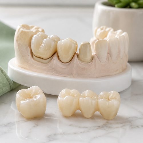 Dental crown and bridge models on a dental cast