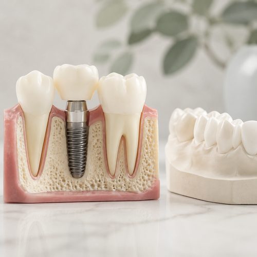 Cross-section model of a dental implant between natural teeth