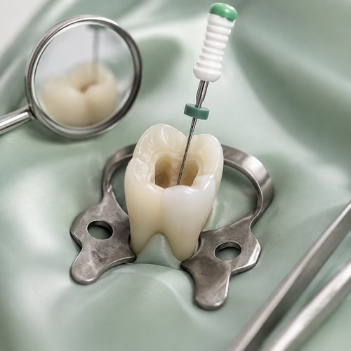 Endodontic file inside a tooth model during root canal treatment